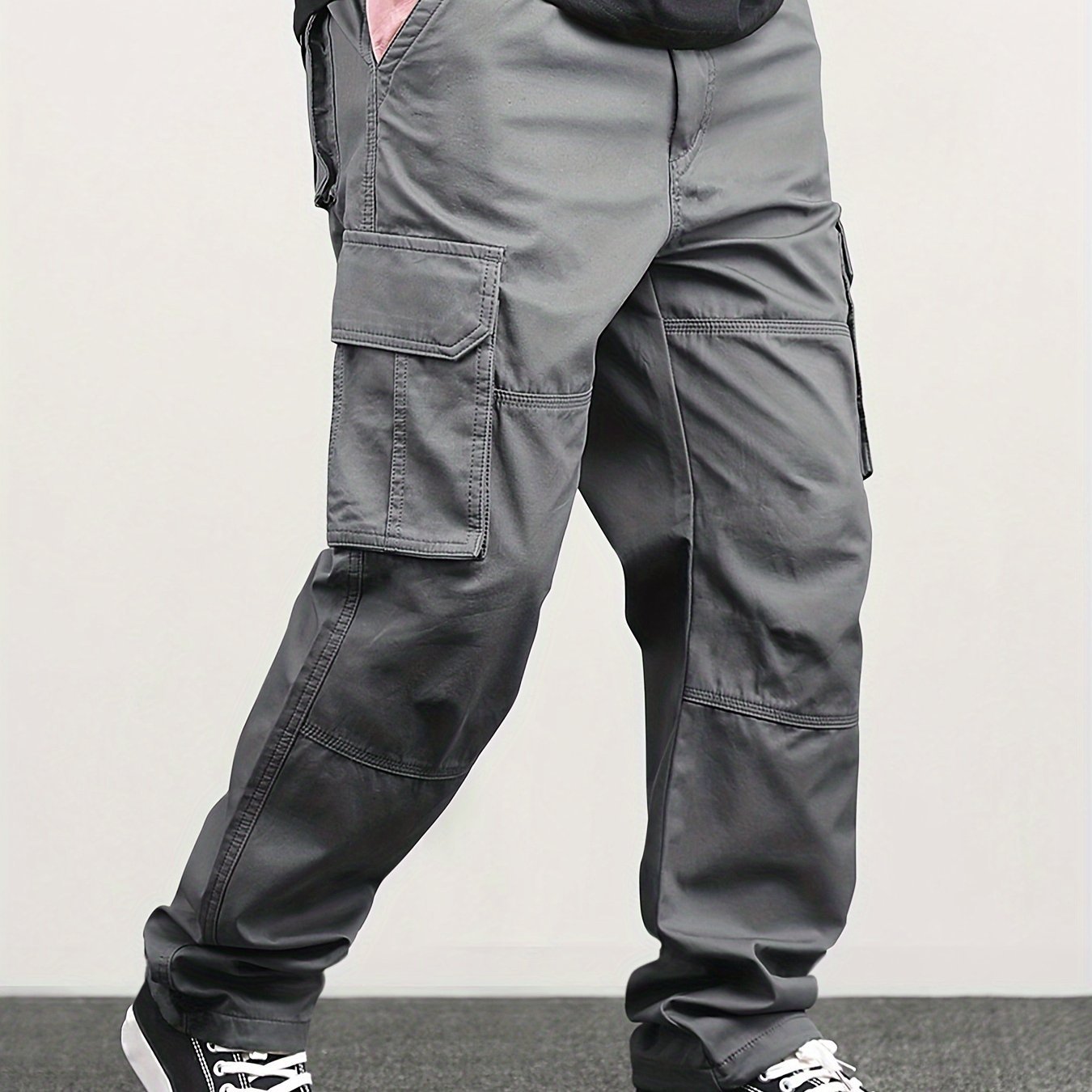 Men??s Classic Solid Color Cargo Pants with Multiple Flap Pockets, Straight-Leg, Drawstring Waist, Loose Fit for Hiking, Fishing, Streetwear, and Outdoor Camping Casual Style - Image 3