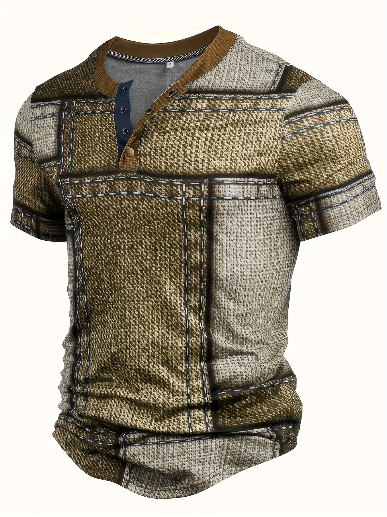 Men??s 3D Digital Denim Patchwork Pieces Pattern Print T-shirt With Buttoned Henley Neck And Short Sleeve, Casual And Chic Tops For Summer Outdoors Wear
