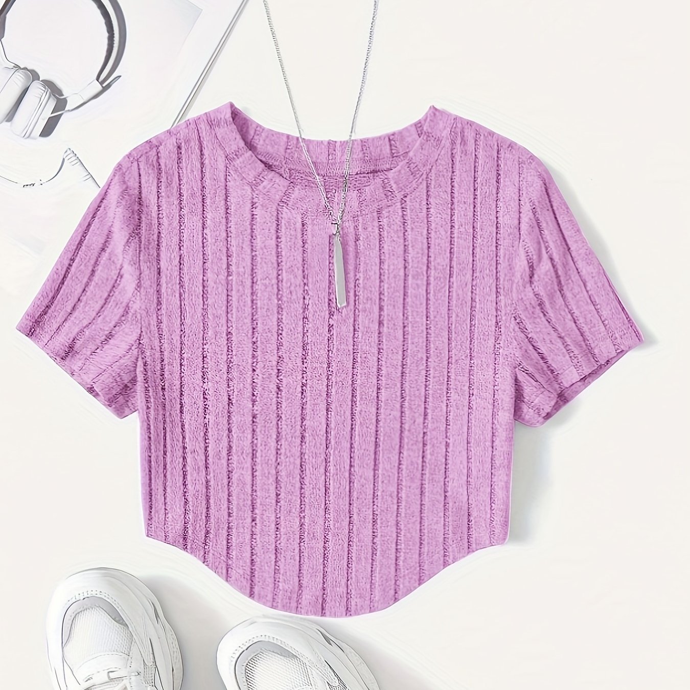 Solid Ribbed Crop T-Shirt, Casual Crew Neck Short Sleeve Top, Women??s Clothing - Image 3