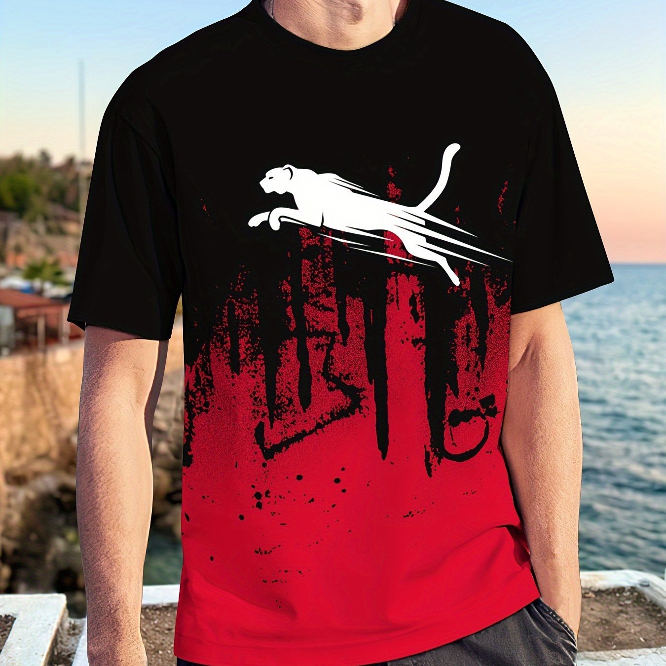 Men??s Gradient Color Running Leopard And Paint Mark Pattern Print T-shirt With Crew Neck And Short Sleeve, Perfect Tops For Outdoors Activities - Image 4