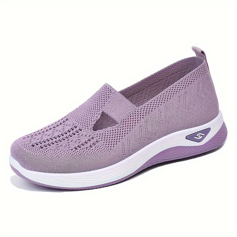 Women??s Solid Color Sneakers, Breathable Knit Slip On Outdoor Shoes, Lightweight Low Top Shoes - Image 2
