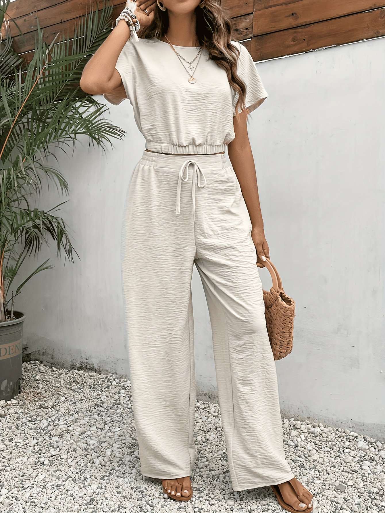 Solid Color Summer & Spring Casual Two-piece Set, Batwing Sleeve Crop Top & Tie Front Pants Outfits, Women??s Clothing - Image 8
