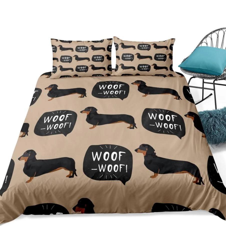 Brown 2/3-Piece Woof Woof Dachshund Dog Duvet Cover Set - Image 4