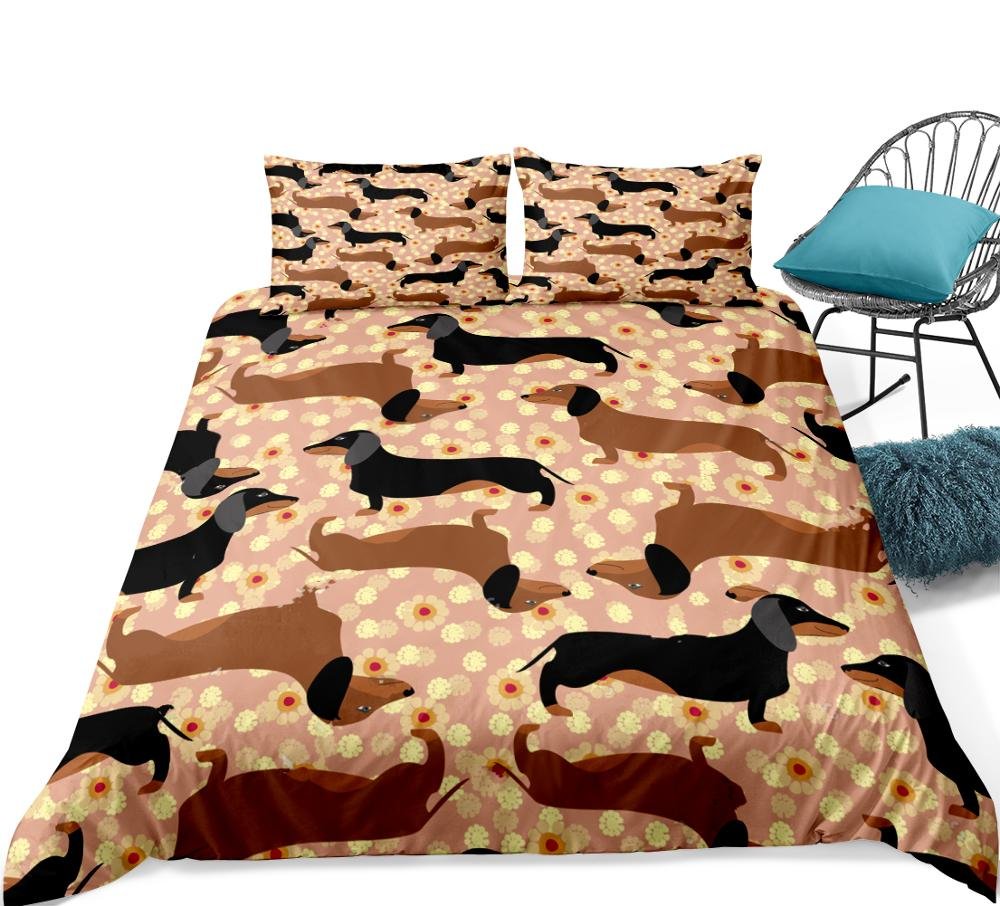 Brown 2/3-Piece Floral Dachshund Dog Pattern Duvet Cover Set - Image 4
