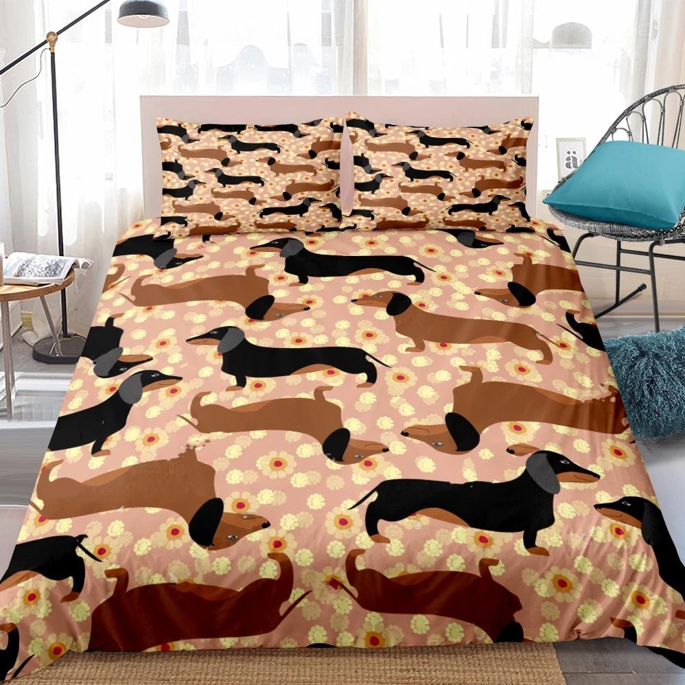 Brown 2/3-Piece Floral Dachshund Dog Pattern Duvet Cover Set