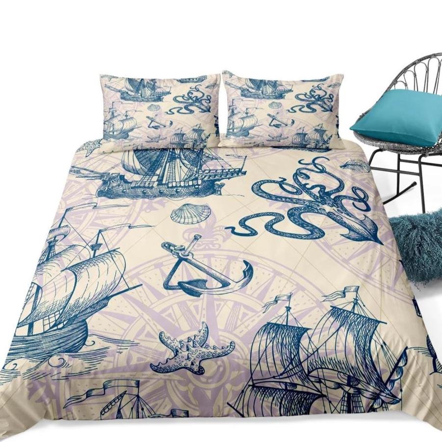 Beige 2/3-Piece Nautical Ocean Voyage Duvet Cover Set - Image 5