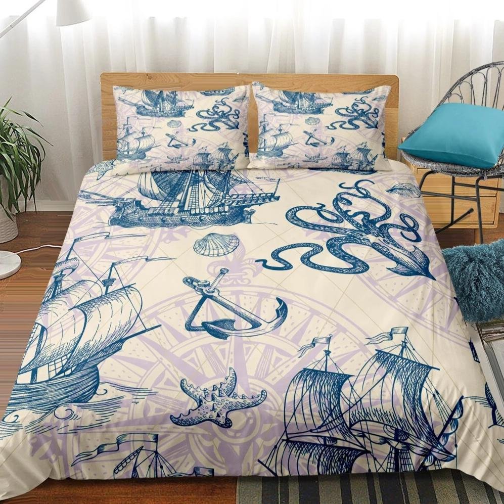 Beige 2/3-Piece Nautical Ocean Voyage Duvet Cover Set