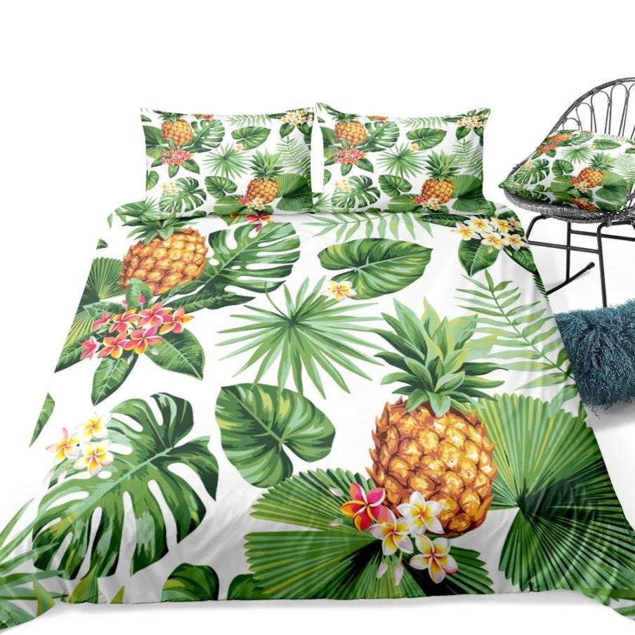 White 2/3-Piece Pineapple Palm Leaf Print Duvet Cover Set - Image 4