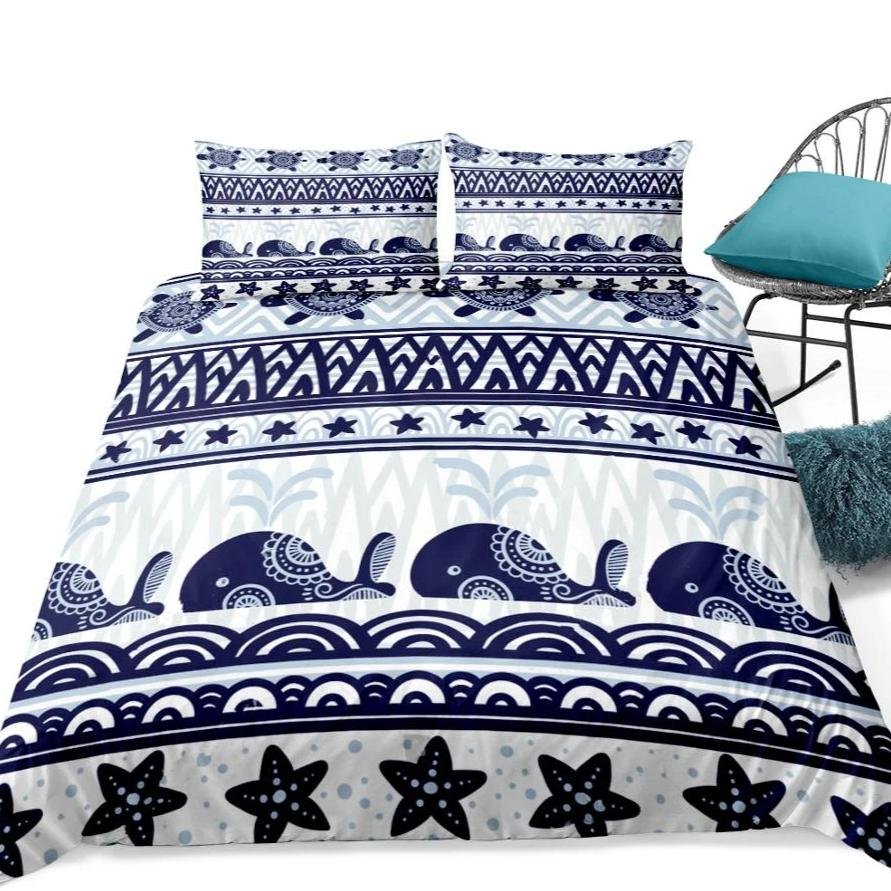 2/3-Piece Blue Boho Whale Stripe Duvet Cover Set - Image 4
