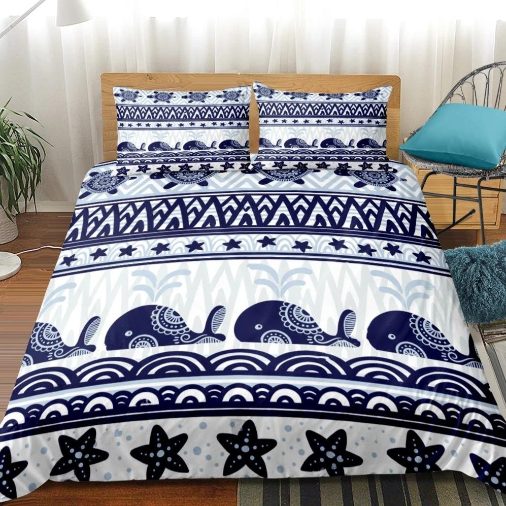2/3-Piece Blue Boho Whale Stripe Duvet Cover Set