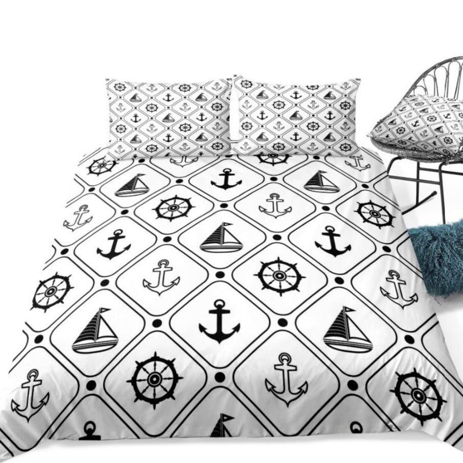 2/3-Piece Black & White Nautical Symbols Duvet Cover Set - Image 4
