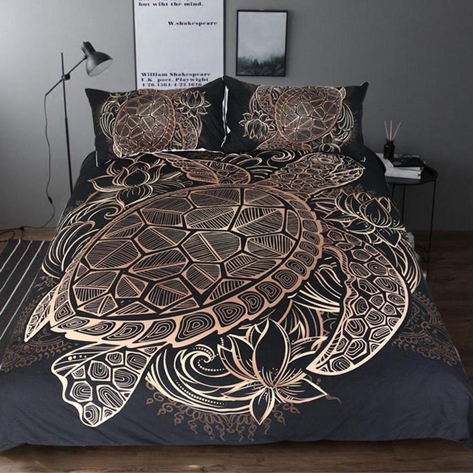 3-Piece Patterned Gold Sea Turtle Duvet Cover Set