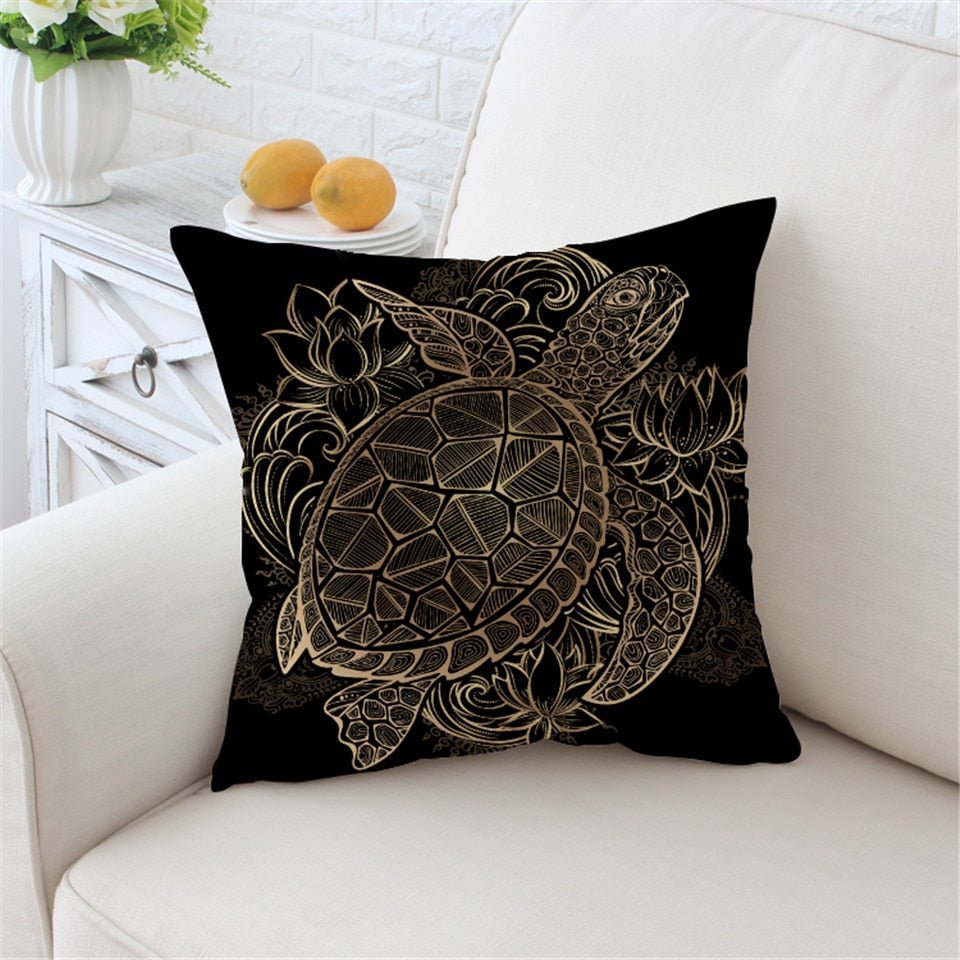 Black Patterned Gold Sea Turtle Microfiber Pillow Cover - Image 2