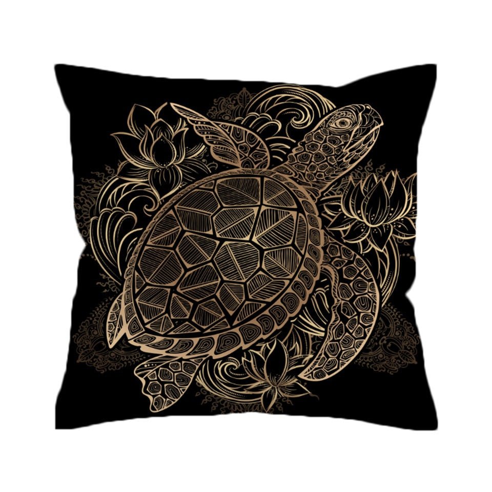 Black Patterned Gold Sea Turtle Microfiber Pillow Cover