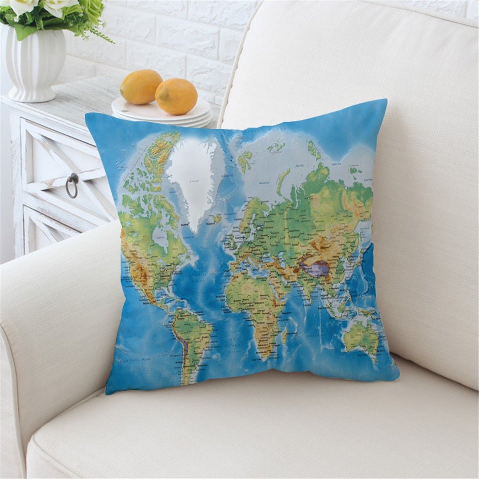 Blue Classic World Map Microfiber Throw Pillow Cover - Image 2