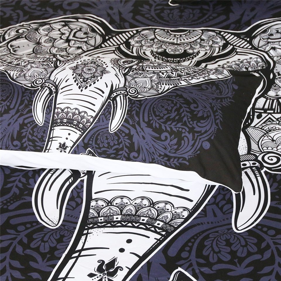 Black & White 3-Piece Bohemian Elephant Duvet Cover Set - Image 3