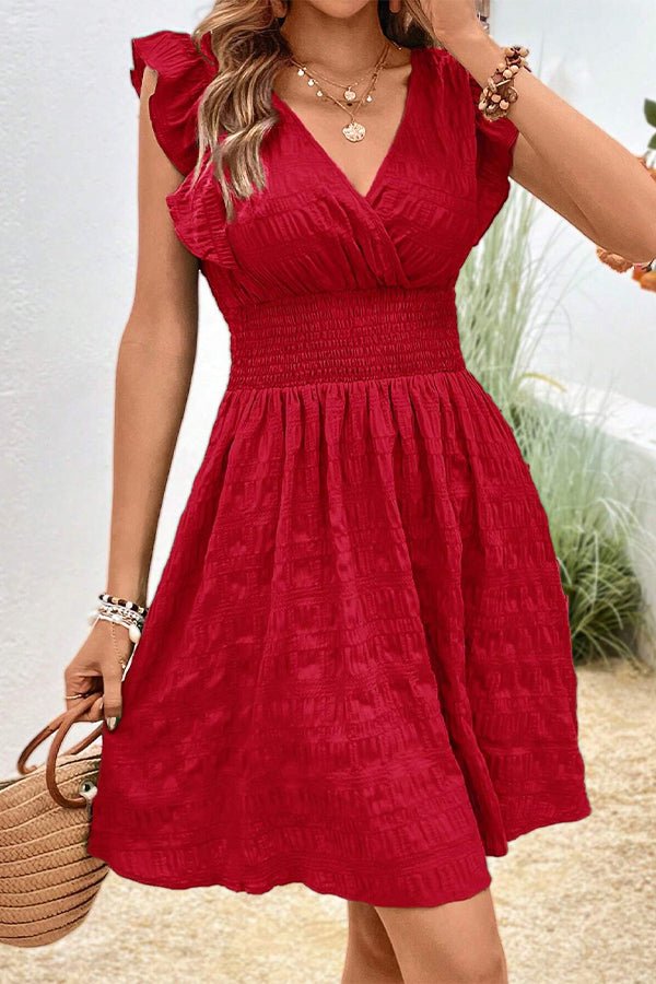 Solid Color V Neck Ruffle Sleeve Mini Dress - Image 3